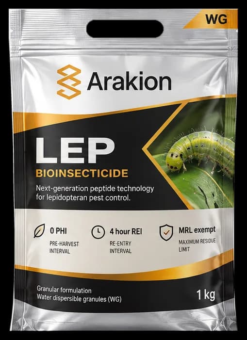 Concept render of a 1 kilogram pouch of water-dispersible granules labeled LEP, a lepidopteran bioinsecticide. Not a commercial product.